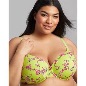 Cacique So Light Plunge Bra 46C Lime Green Pink Floral Underwire New With Tags